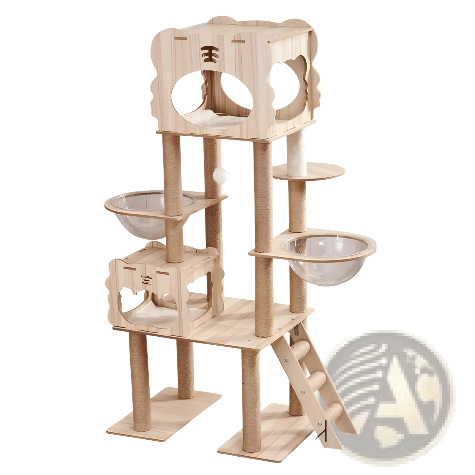 Light wood wooden cat tree scratching post and condo with playful lion face design, sisal rope posts, and glass bowls