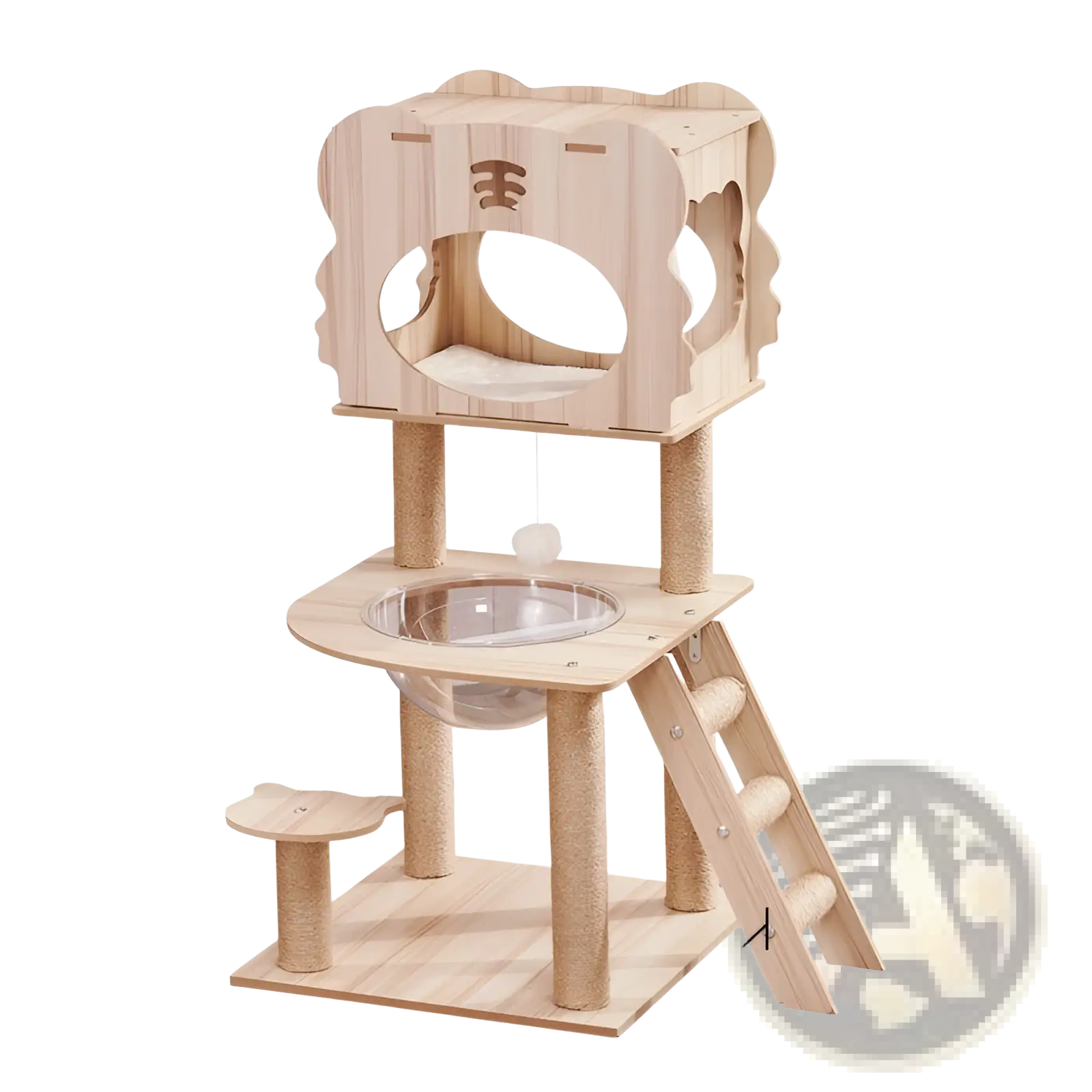 Light-colored wooden cat tree with lion face top platform sisal scratching posts and clear glass bowl for cats