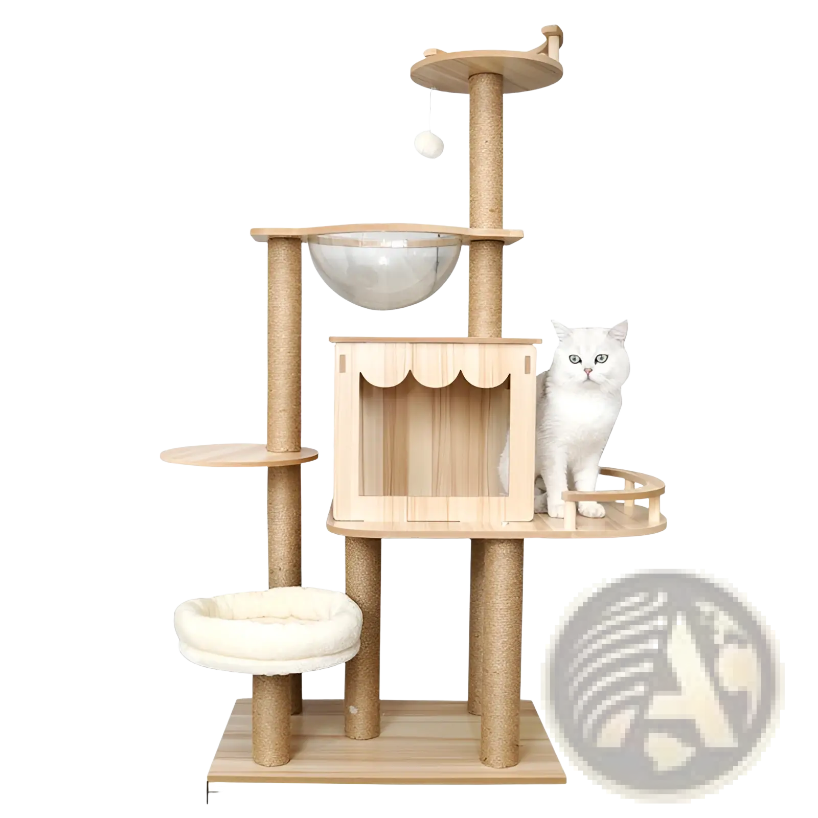 Multi-level wooden cat tree with sisal scratching posts, glass bowl perch, and white cushioned bed for cats