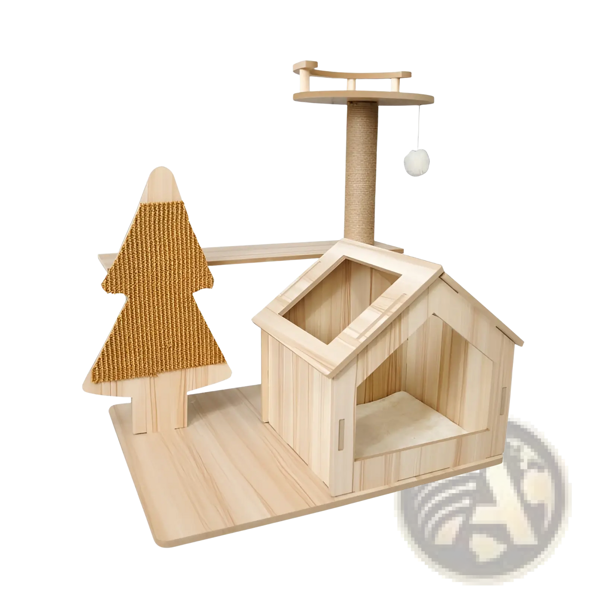 Light-colored wooden cat tree with a christmas tree-shaped scratching post and attached house-style shelter