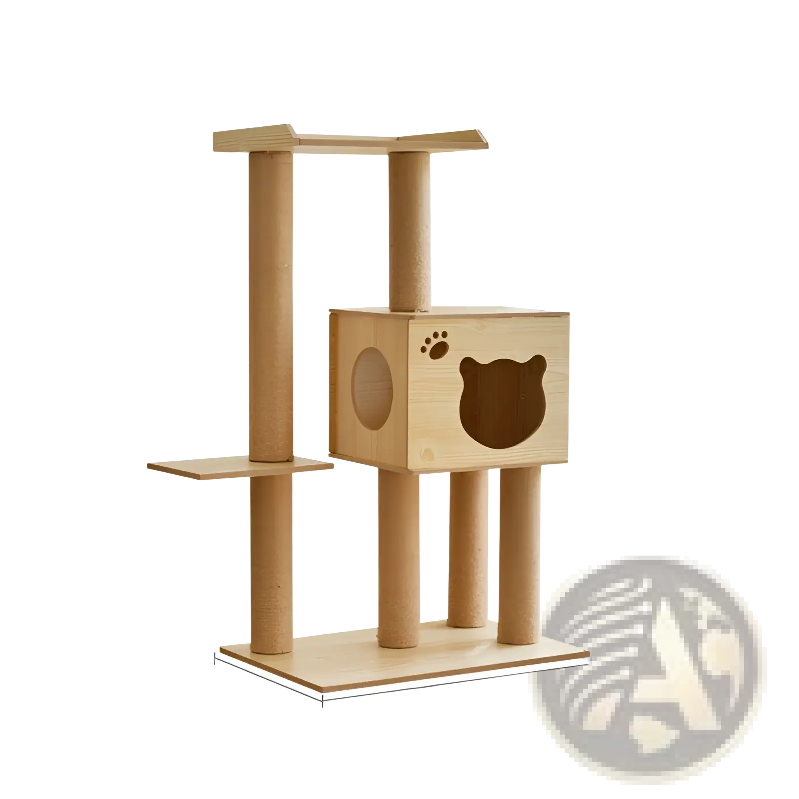 Light wood wooden cat tree scratching post and condo with bear face and paw print cutout on central cubby