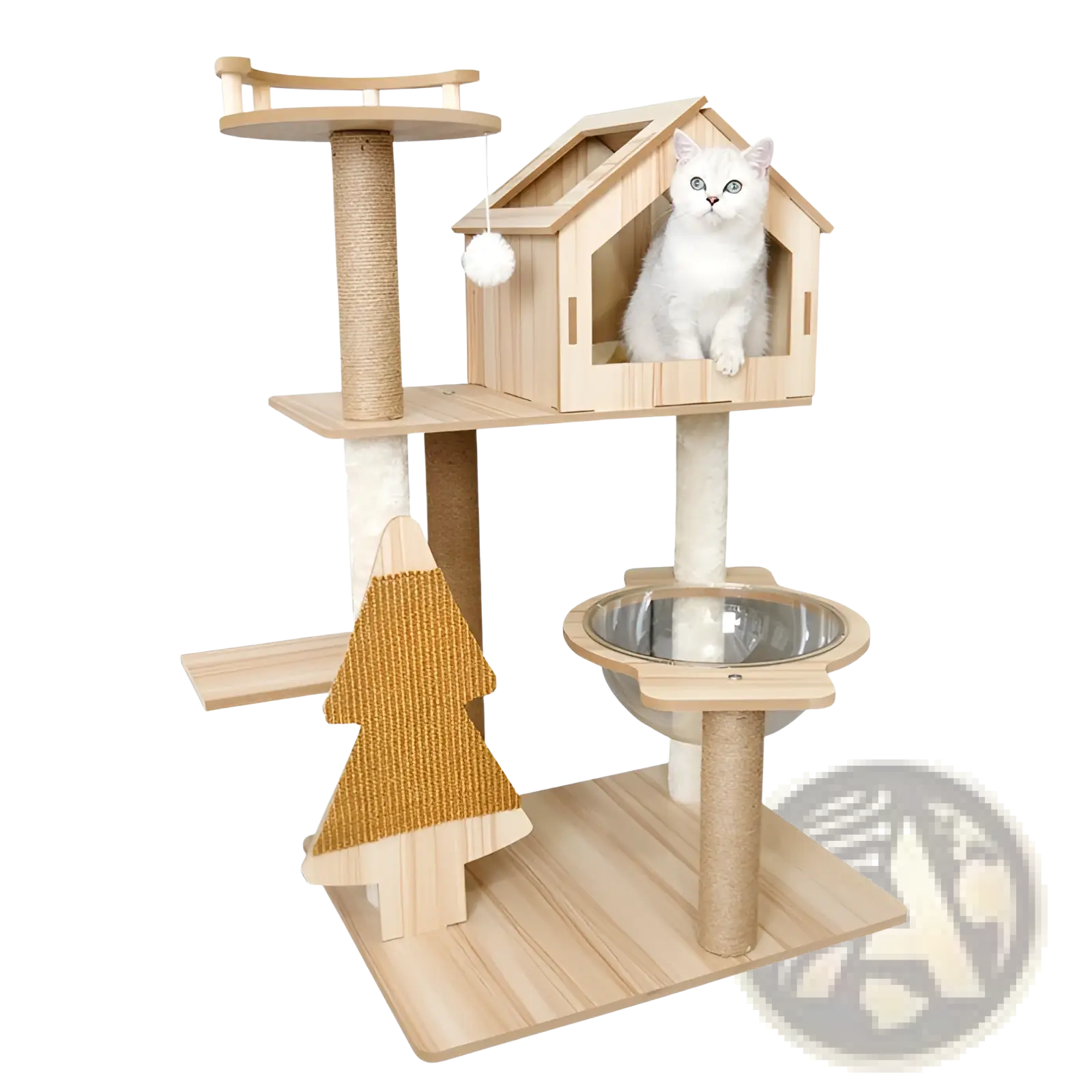 Light wood wooden cat tree scratching post and condo with house-shaped perch sisal rope posts and stainless steel bowl