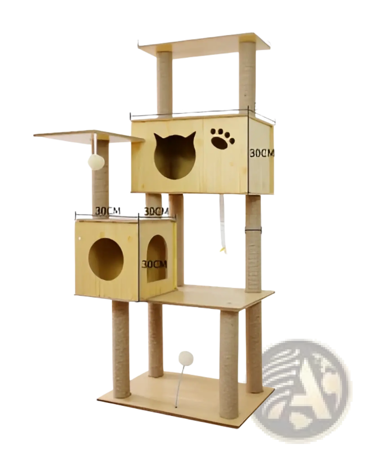 Multi-level wooden cat tree scratching post and condo with sisal posts, cardboard platforms, and cat face cubby hole
