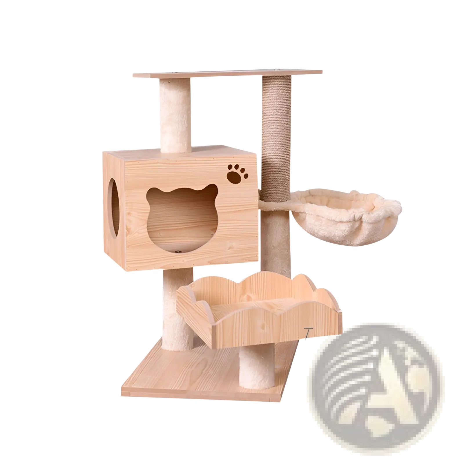 Wooden cat tree scratching post and condo in light wood with paw print cutout, sisal posts, and beige fabric hammock
