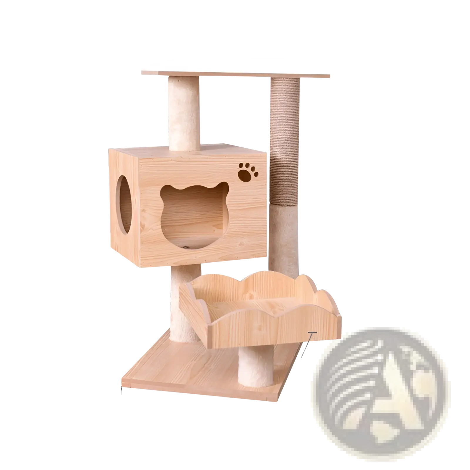 Light-colored wooden cat tree with carved cat face upper platform and sisal-wrapped scratching posts for cats
