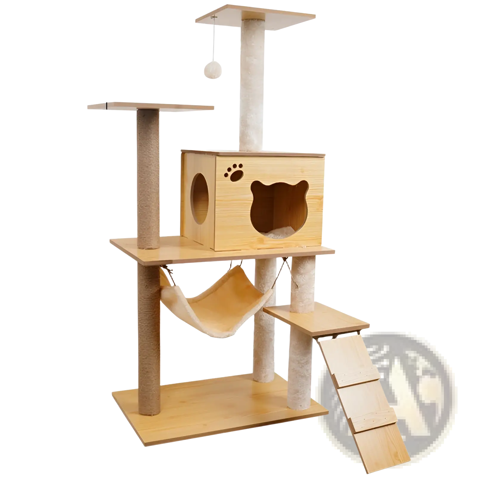 Light wood wooden cat tree scratching post and condo with platform and hanging hammock for cat activity and rest