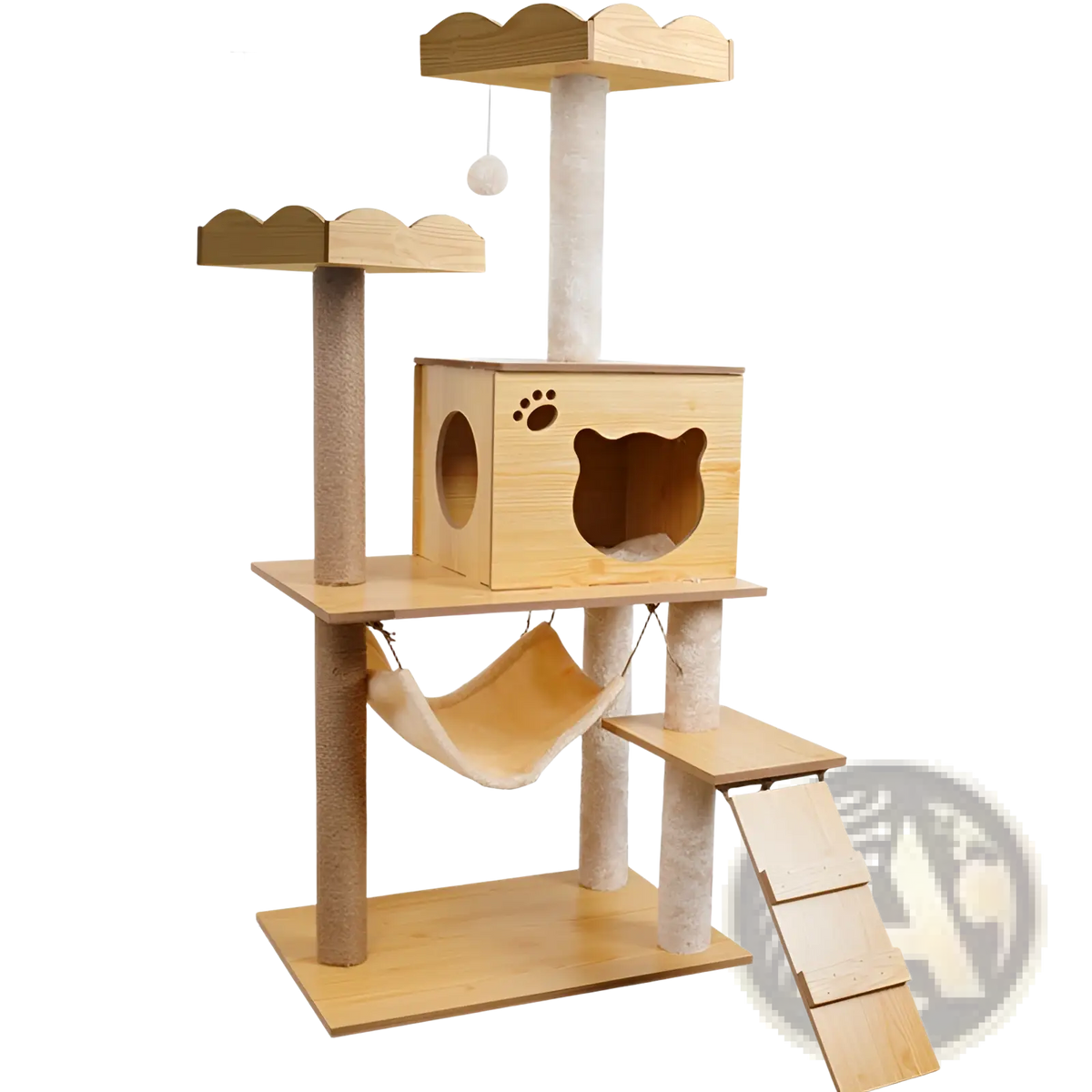 Light wood wooden cat tree scratching post and condo with playful bear face design scratching posts and platforms