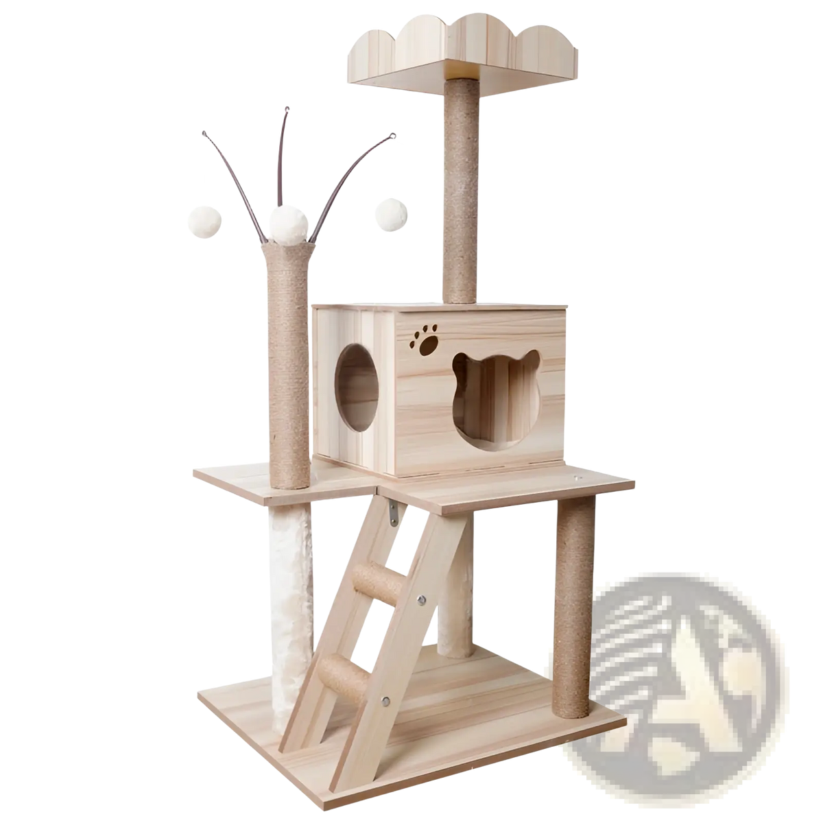 Light-colored wooden cat tree scratching post with carved bear face, paw print, sisal posts, ladder, and dangling balls