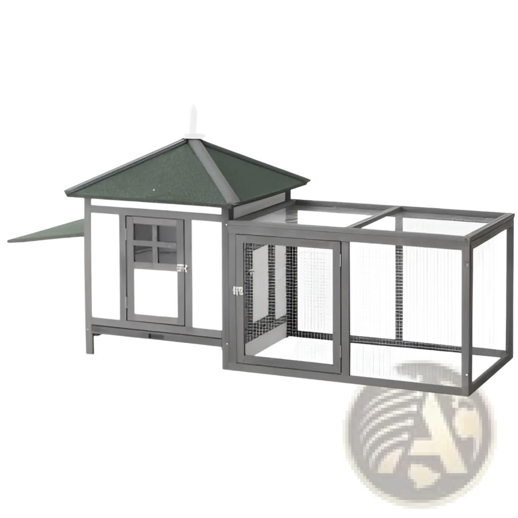 Gray wooden chicken coop with nesting box featuring a green roof and wire mesh sides for secure poultry housing