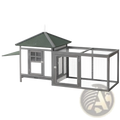 Gray wooden chicken coop with nesting box featuring a green roof and wire mesh sides for secure poultry housing
