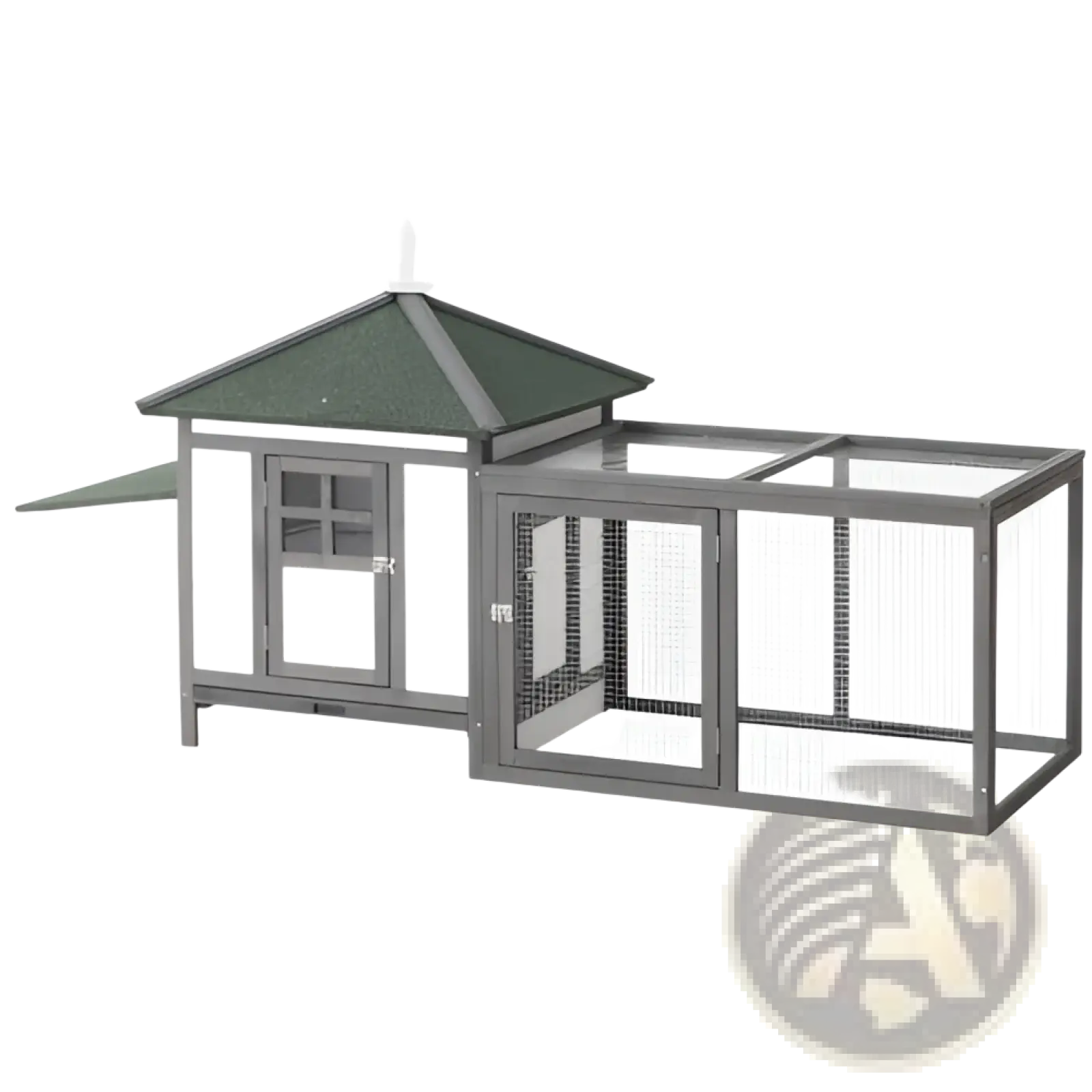 Gray wooden chicken coop with nesting box featuring a green roof and wire mesh sides for secure poultry housing