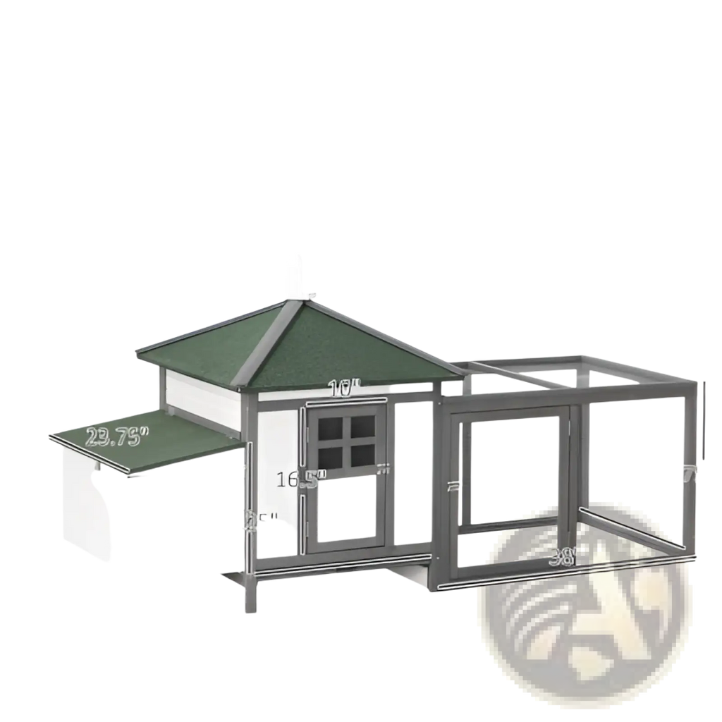 Wooden chicken coop with nesting box featuring a green roof, white walls, and gray trim in a multi-section design
