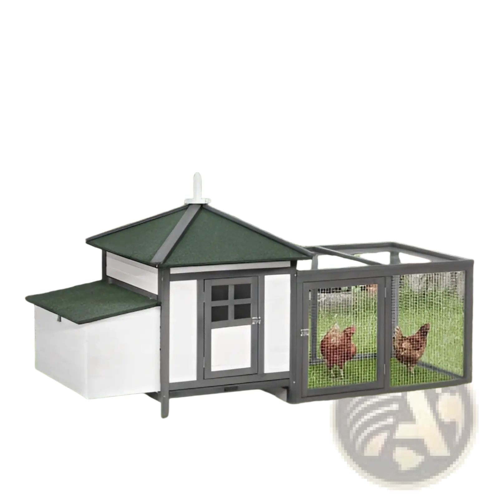 Wooden chicken coop with nesting box in white and dark green wood featuring roof door and wire mesh run