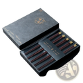 Set of six dark brown wooden chopsticks with gold tips in an elegant black gift box for gifting purposes