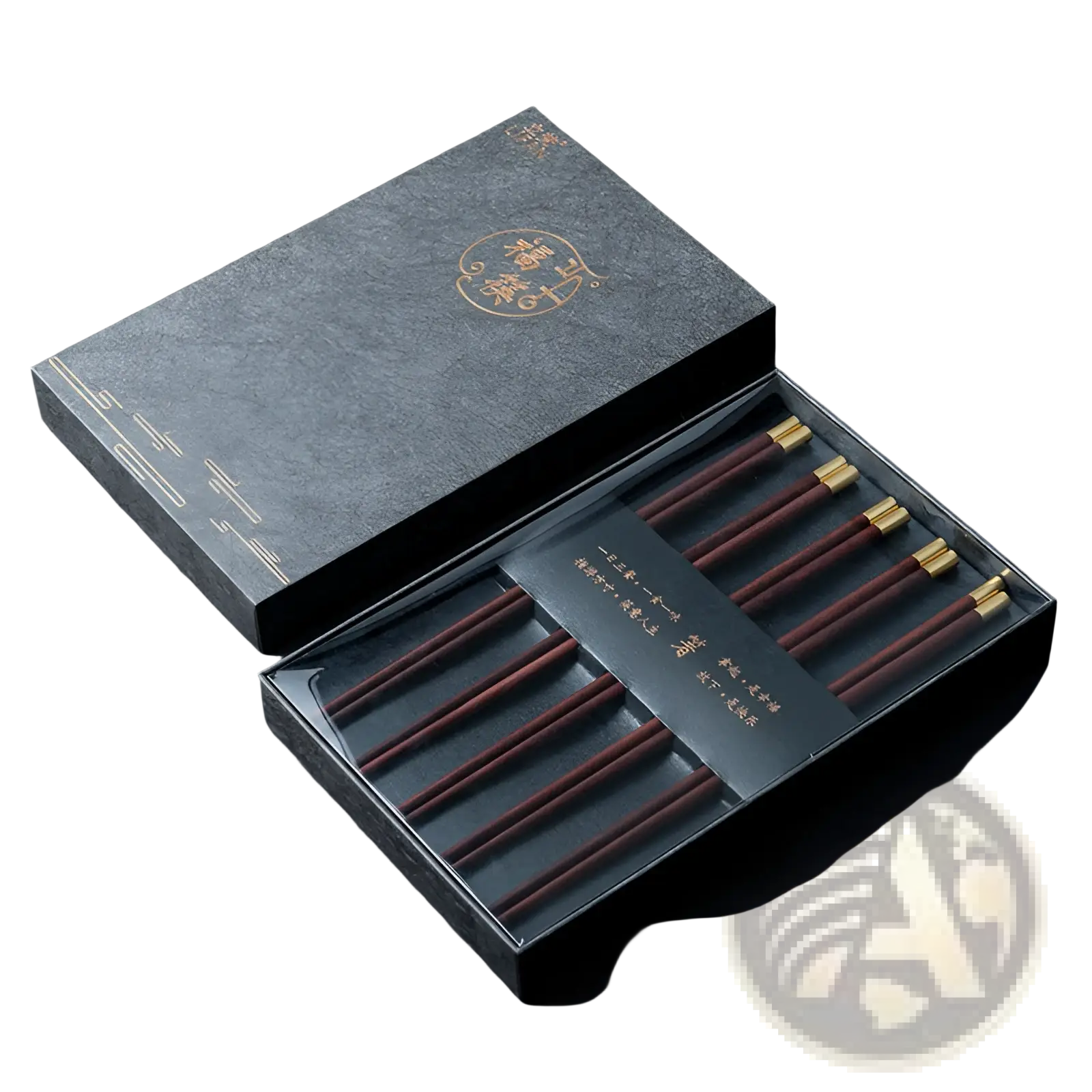 Set of six dark brown wooden chopsticks with gold tips in an elegant black gift box for gifting purposes