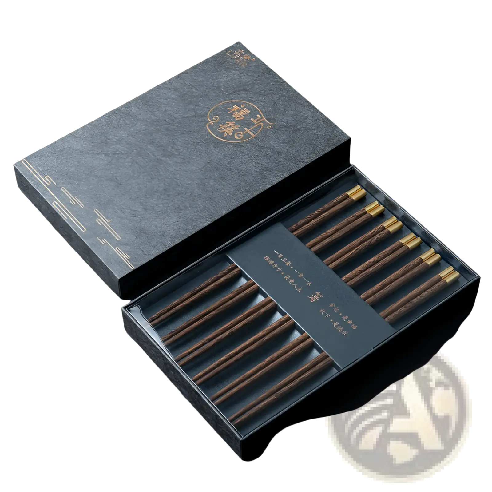 Set of five elegant dark brown wooden chopsticks with gold tips in a black gift box for gifting