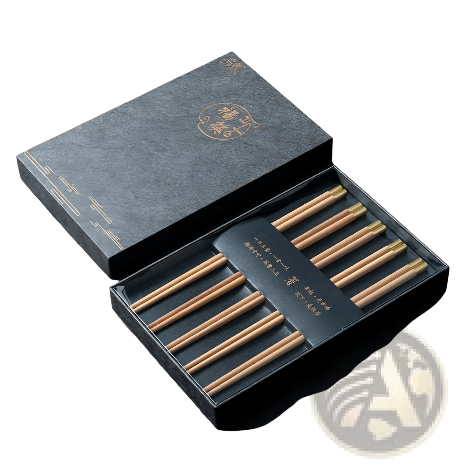 Wooden chopsticks set with gold tips featuring five pairs neatly arranged in a dark gray gift box with golden calligraphy