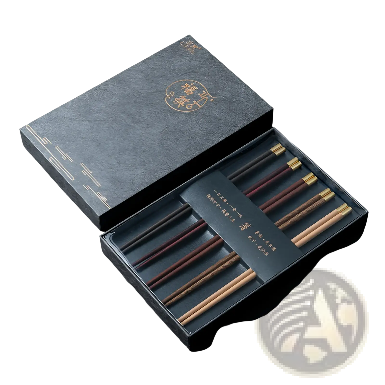 Set of five pair wooden chopsticks with polished gold tips in assorted natural tones in an ornate dark gray gift box