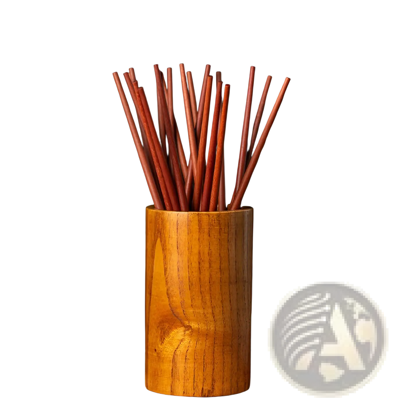 A cylindrical wooden chopstick holder with polished warm finish and visible grain for gold tip chopsticks set