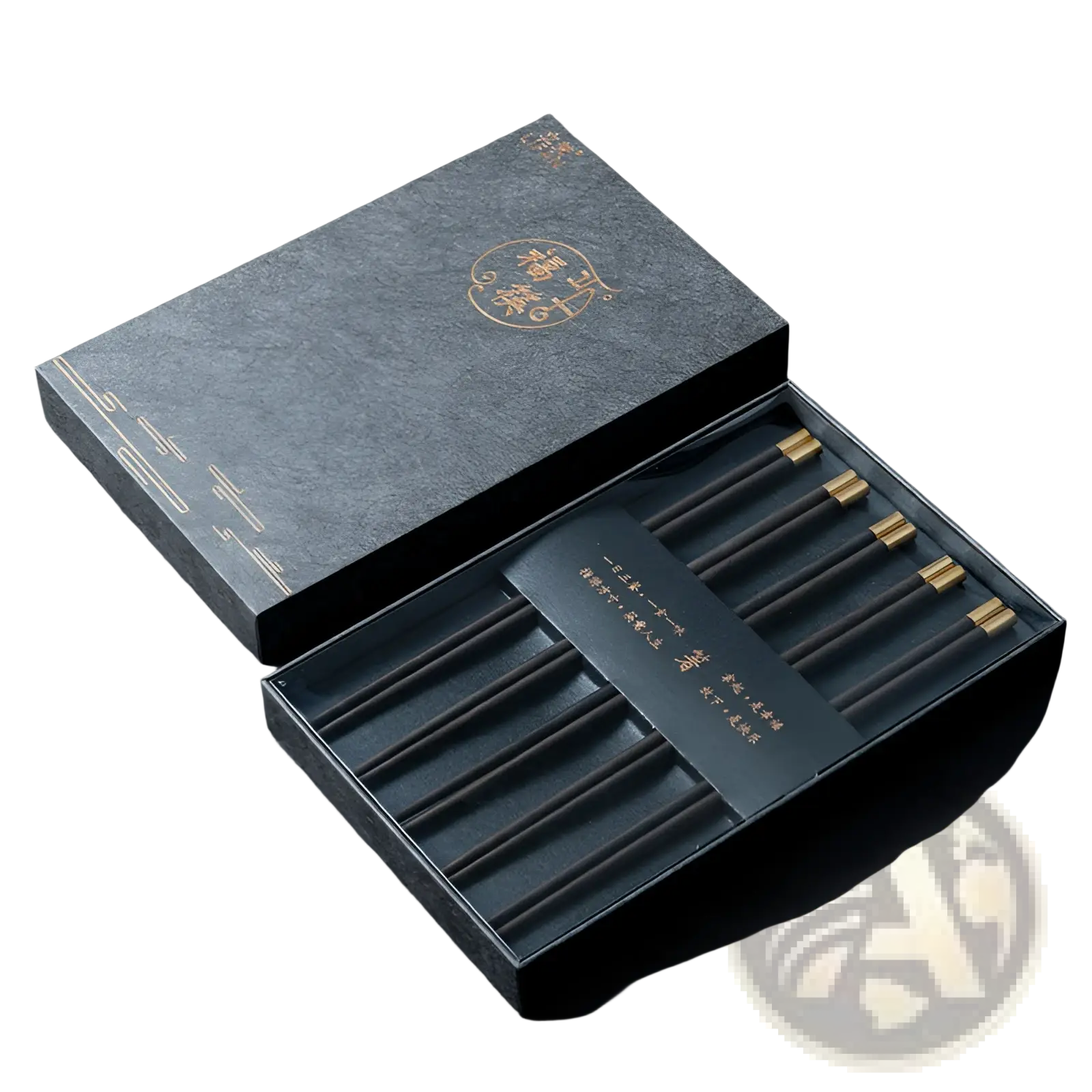 Black wooden chopsticks set with gold tips five pairs neatly arranged in elegant dark gray gift box with golden chinese characters