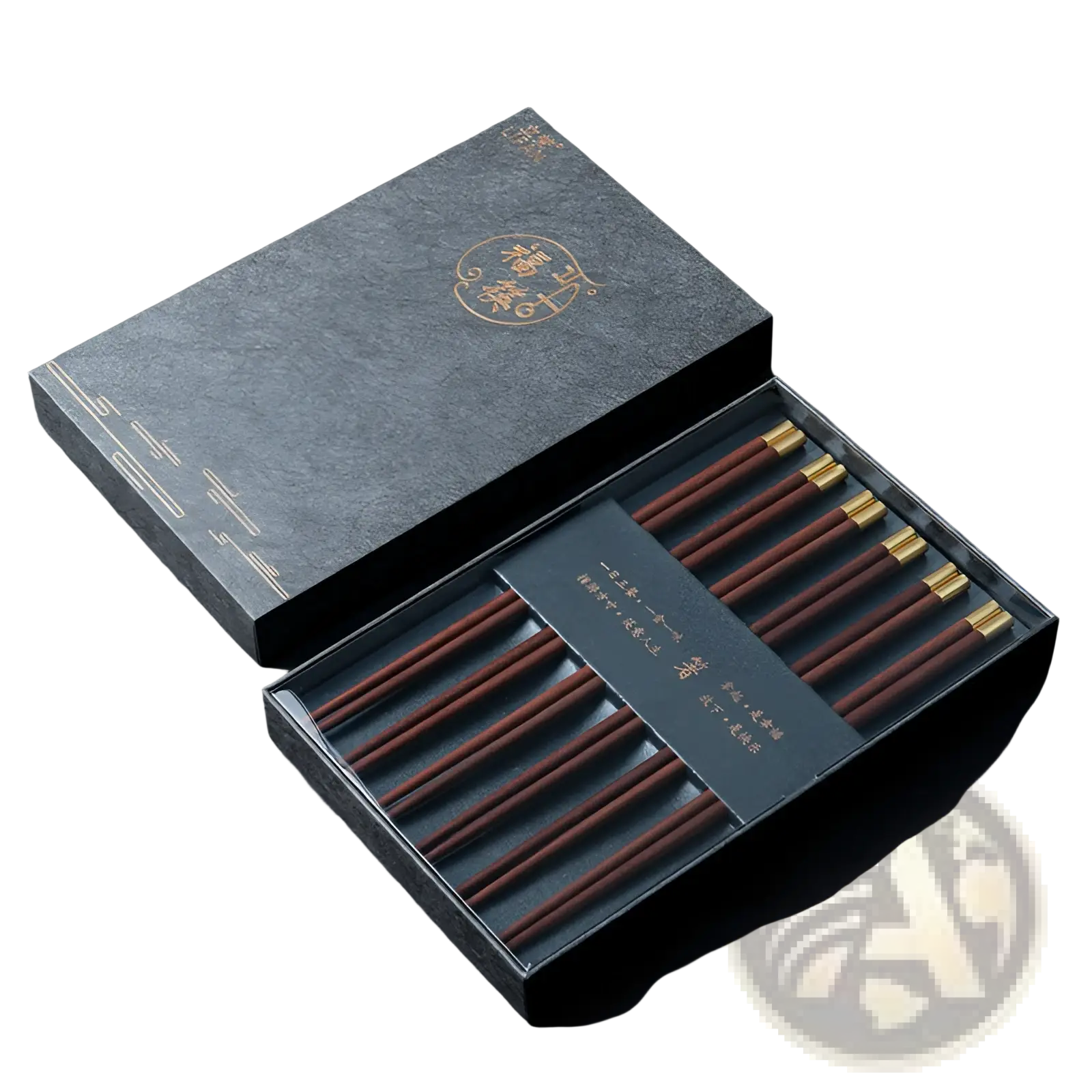 Set of five elegant dark brown wooden chopsticks with gold tips in a sophisticated black gift box