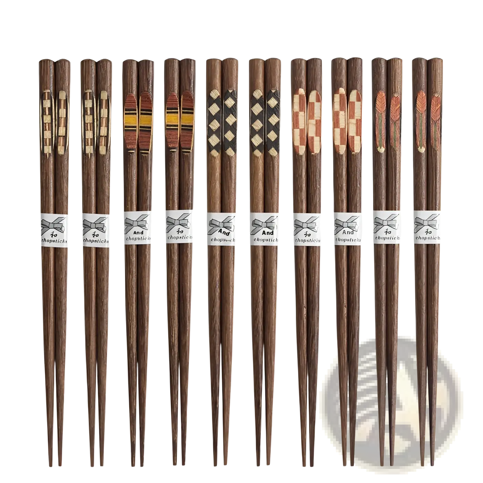 Set of ten pairs of dark brown wooden chopsticks with non slip tips and decorative inlays and white paper bands