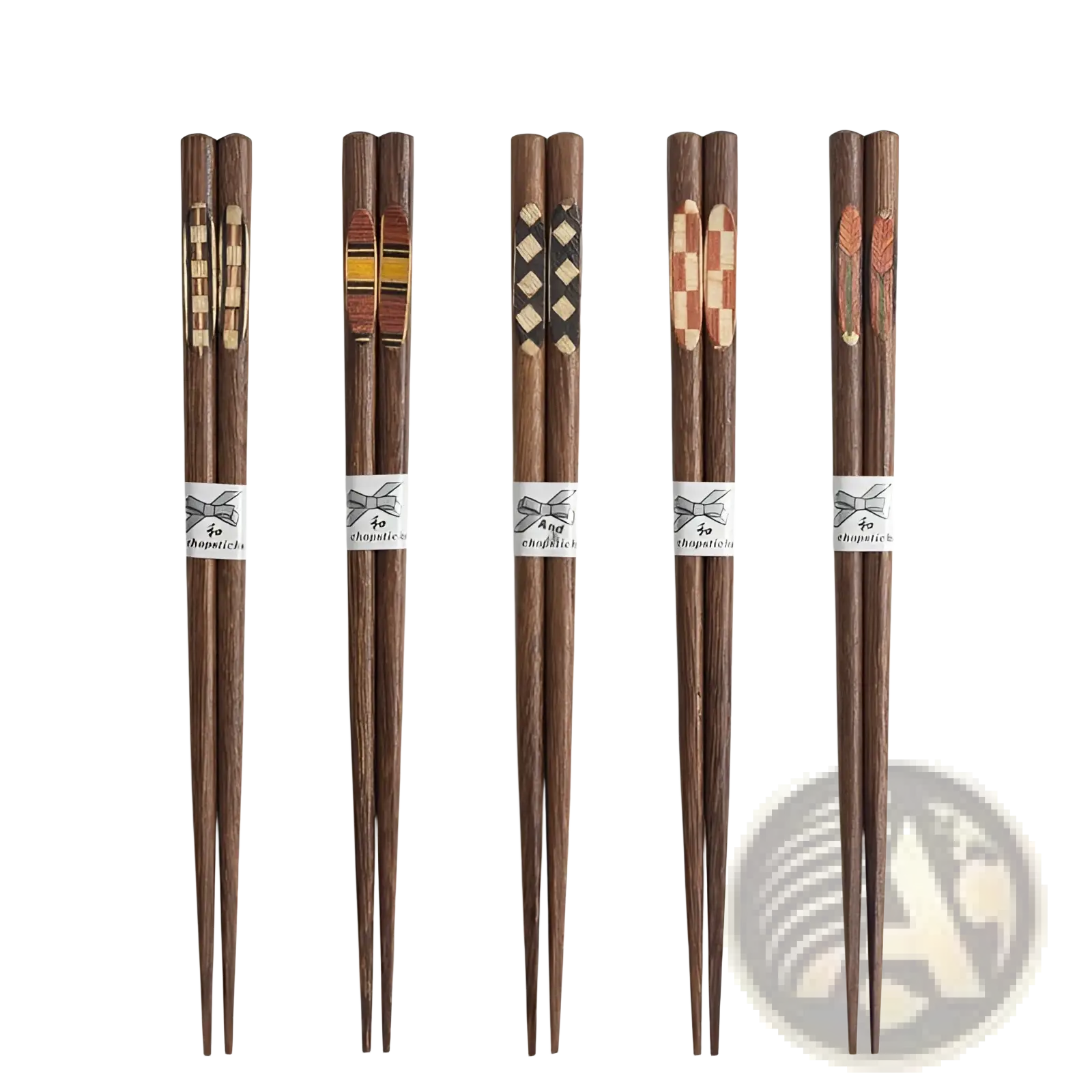 Wooden chopsticks set with non slip tips featuring five pairs of dark brown chopsticks with unique inlaid patterns tied with white ribbon