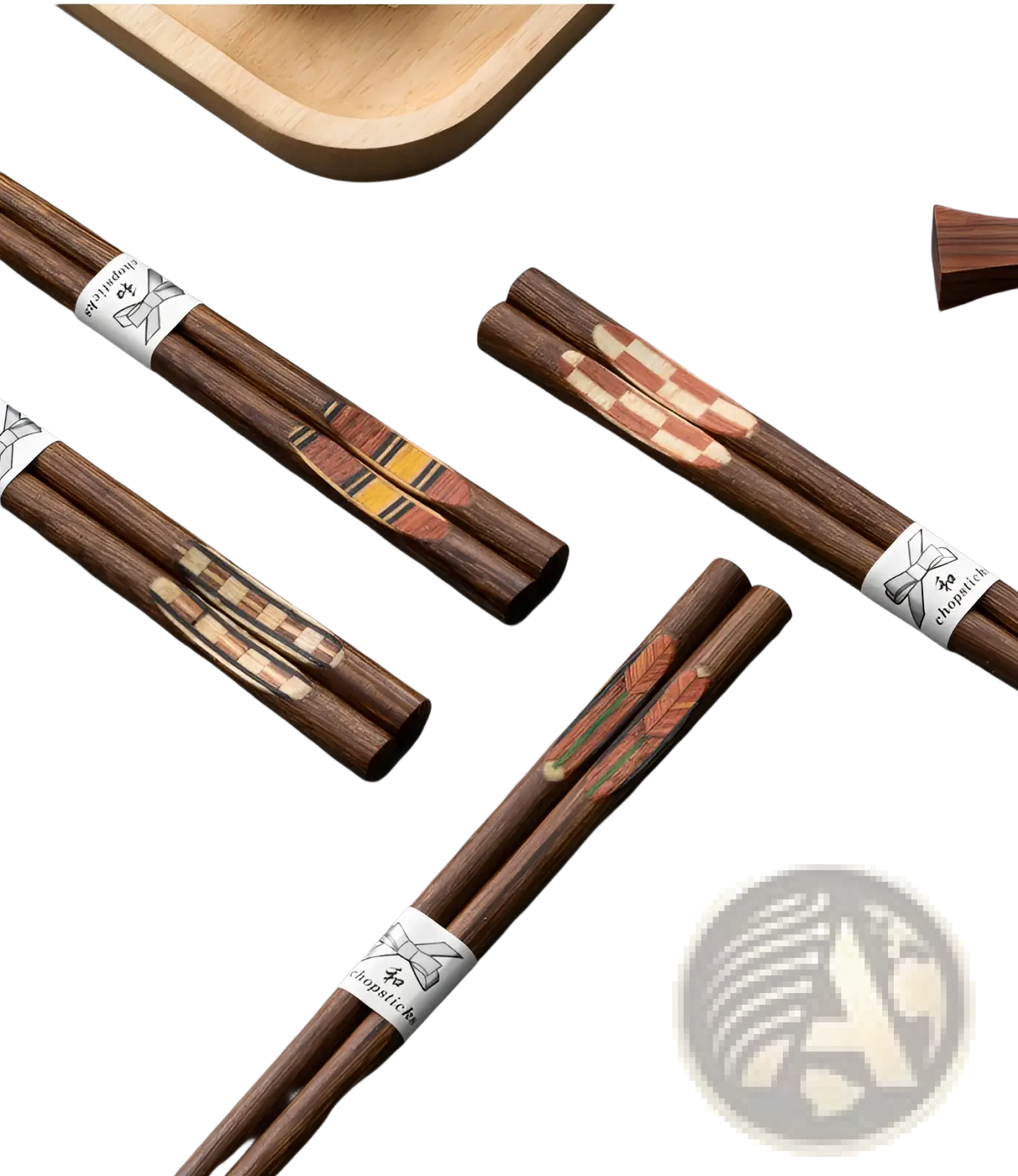 Dark brown wooden chopsticks set with non slip tips and intricate inlaid patterns with white paper bands
