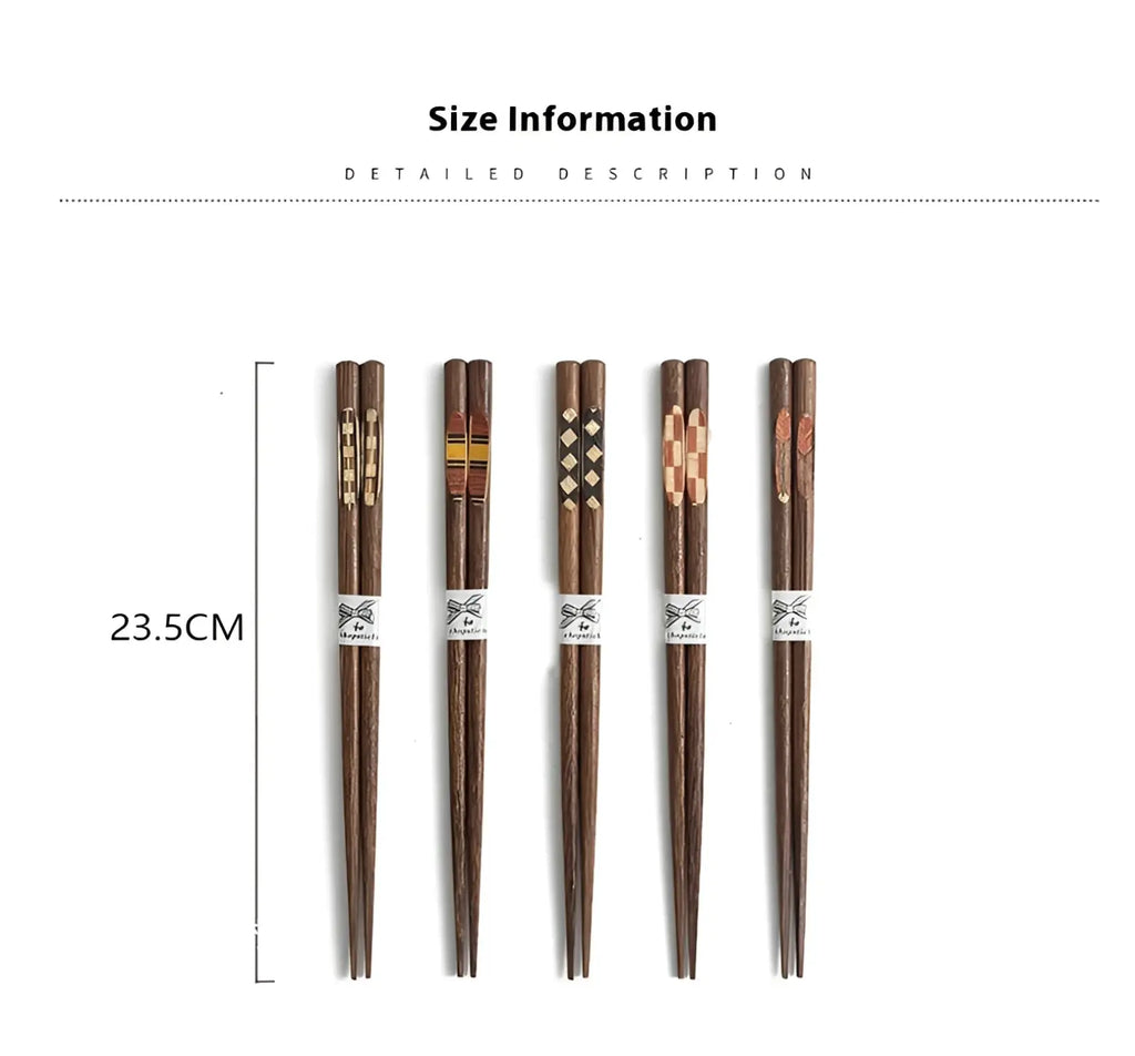 Set of five dark brown wooden chopsticks with unique inlaid patterns and a white bow band non slip tips