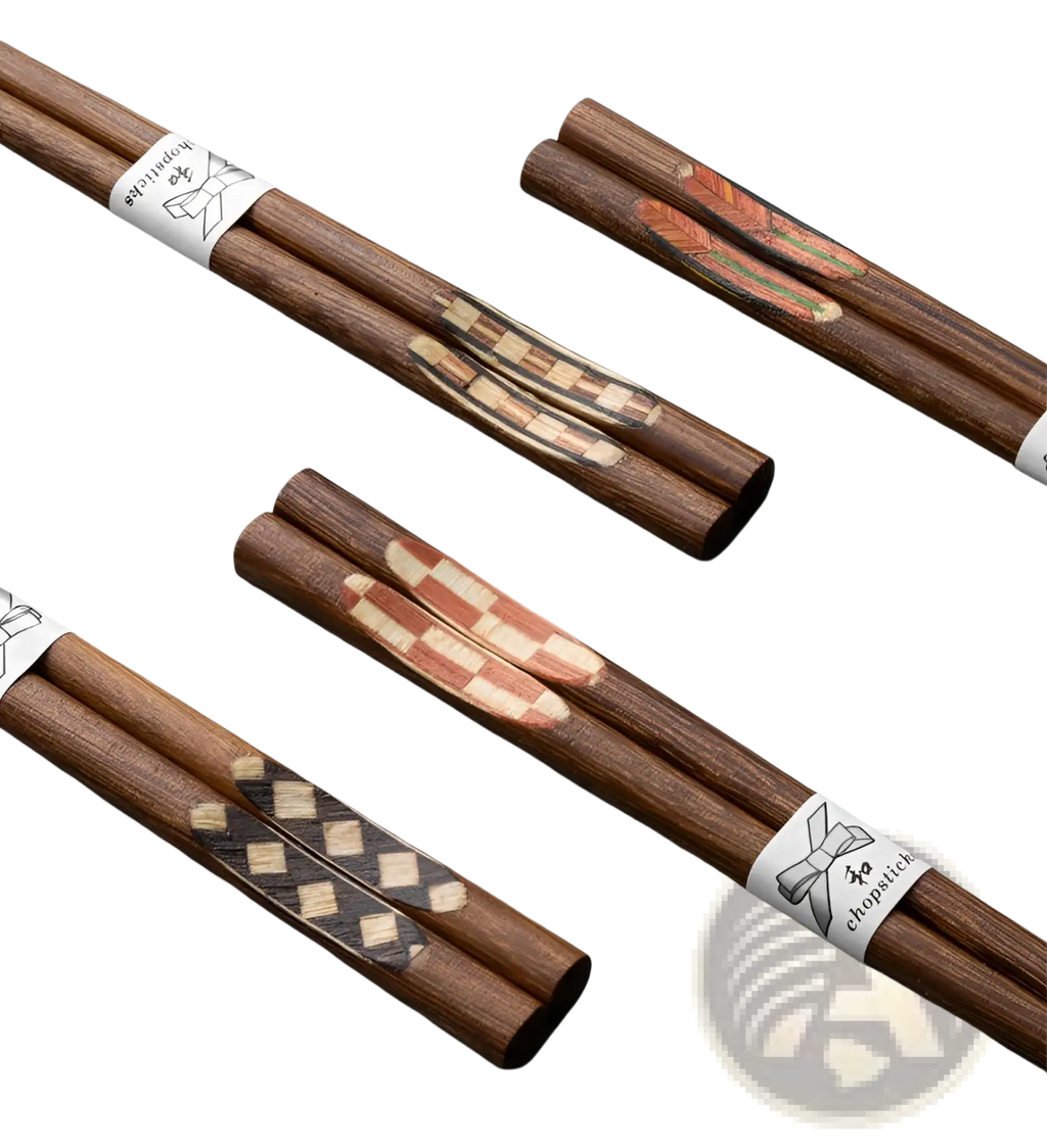 Set of 10 wooden chopsticks with non slip tips featuring hand painted geometric and feather designs in natural wood tones