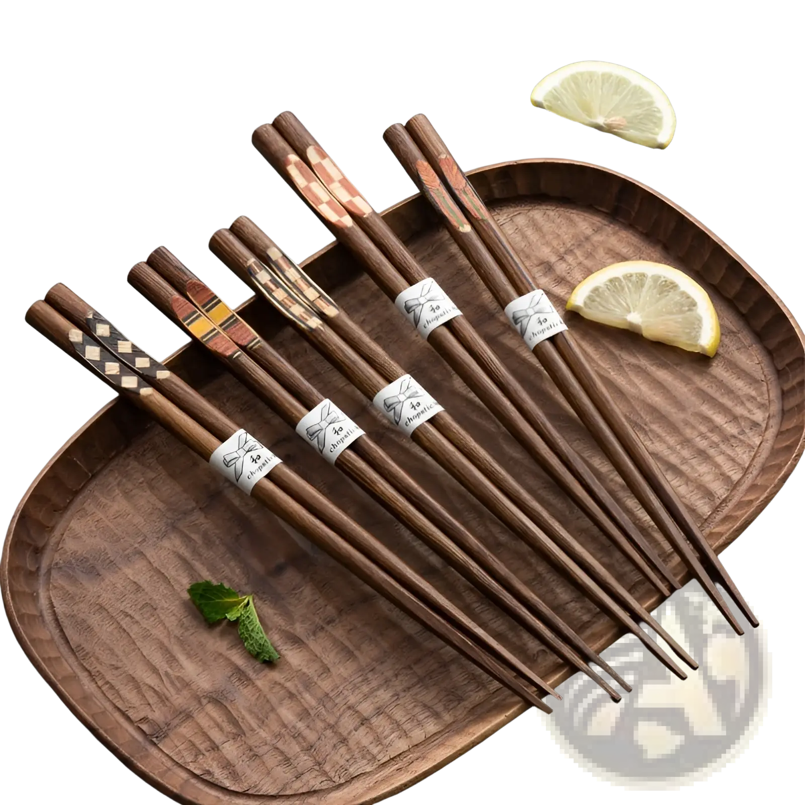 Set of six wooden chopsticks with non slip tips decorative inlaid patterns and white paper bands on brown tray