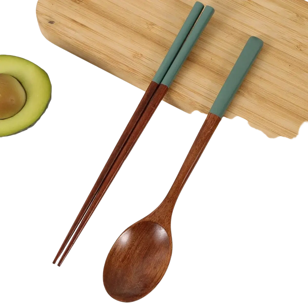 Wooden chopsticks and spoon set with teal silicone handles for comfortable and stylish dining