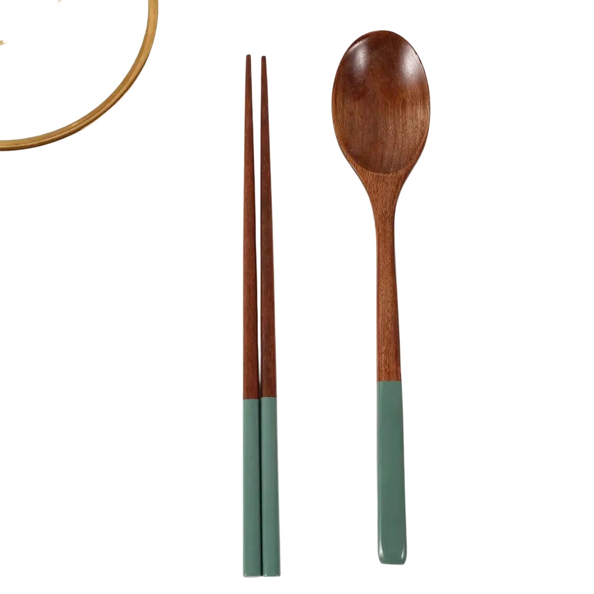 Wooden chopsticks and spoon set with teal silicone handles featuring matching wooden utensils for dining use