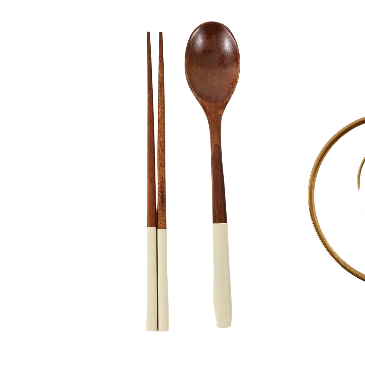 Wooden chopsticks and spoon set with cream silicone handles crafted from dark brown wood for dining use