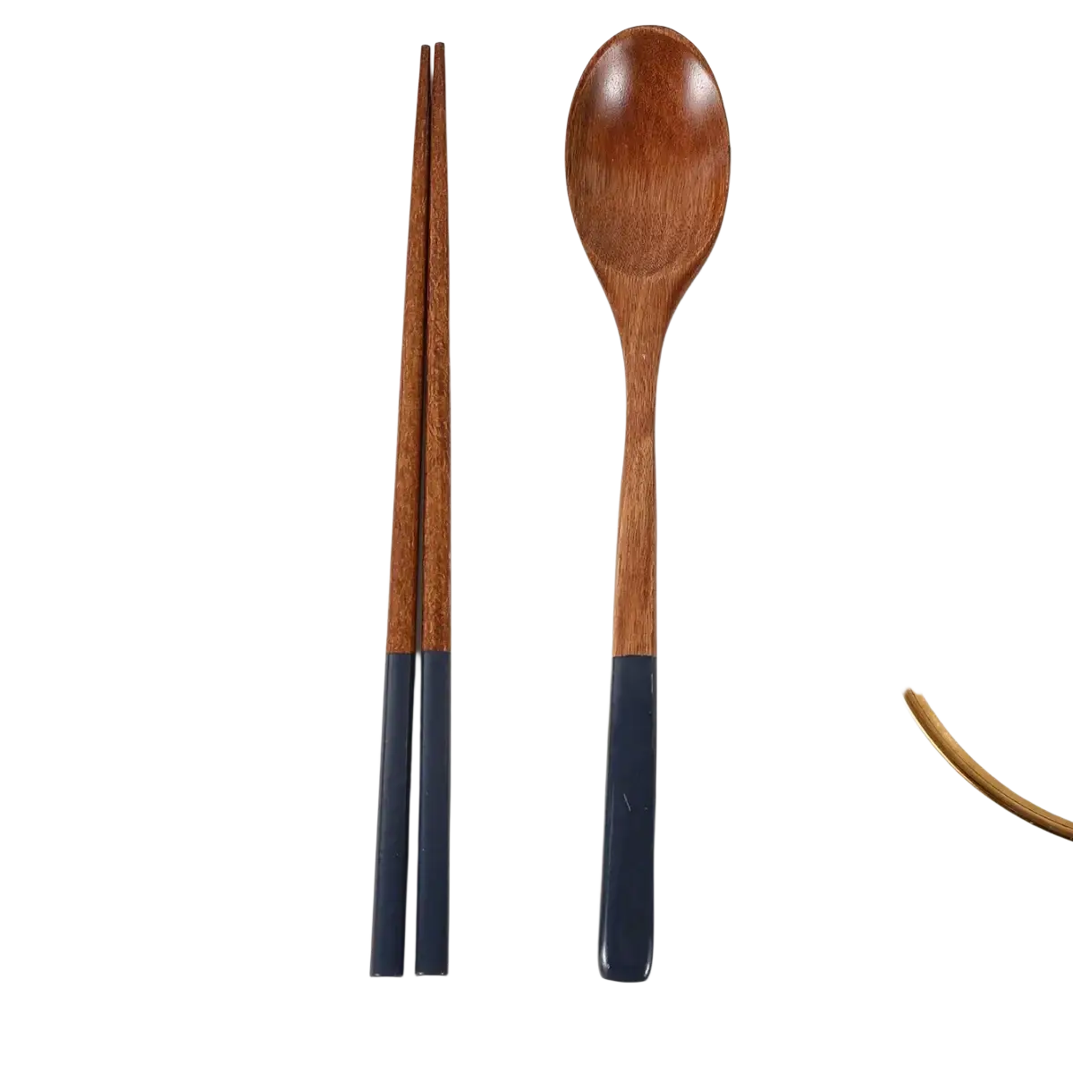Wooden chopsticks and spoon set with dark blue silicone handles featuring natural wood grain for dining use