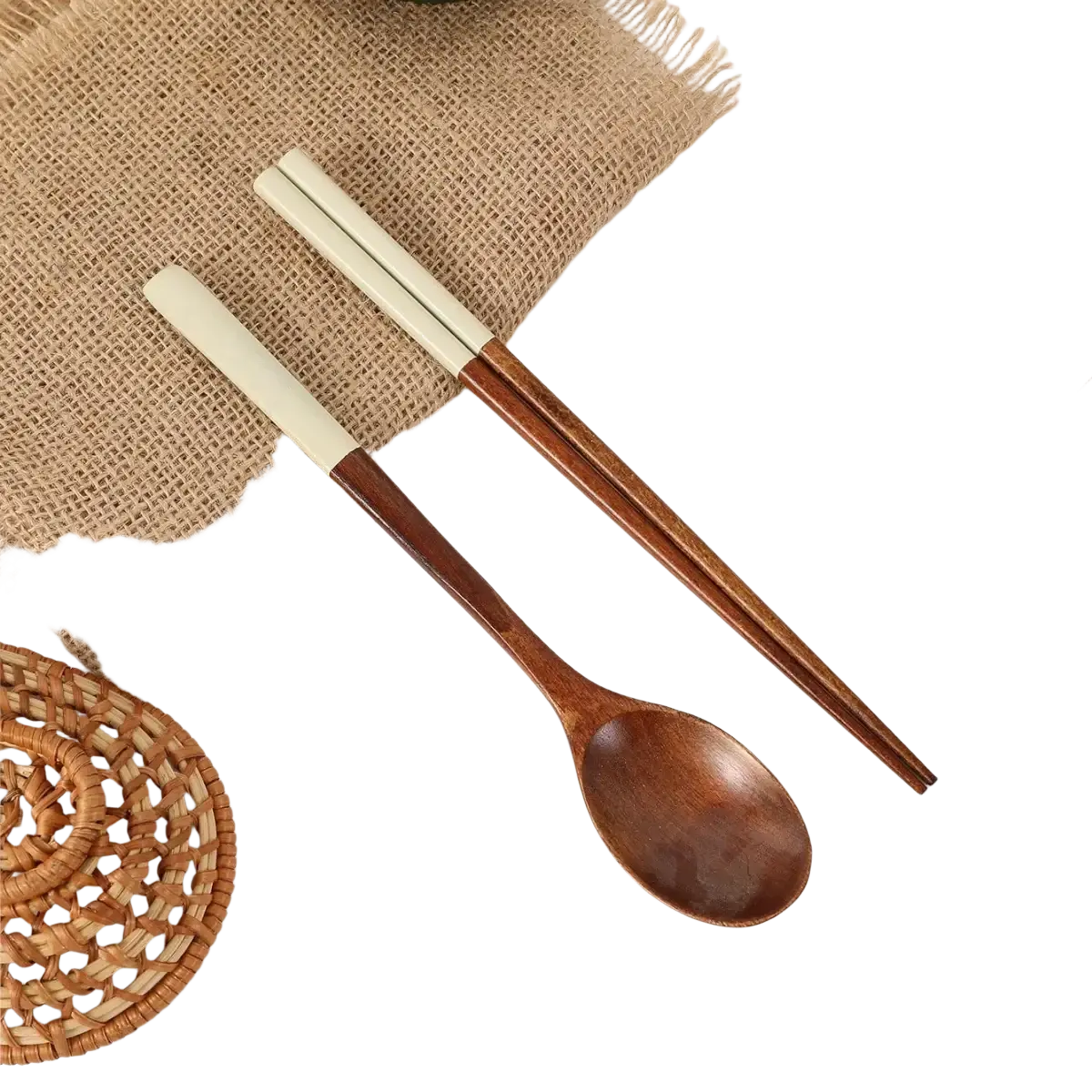 Wooden chopsticks and spoon set with cream silicone handles and natural wood grain for dining use