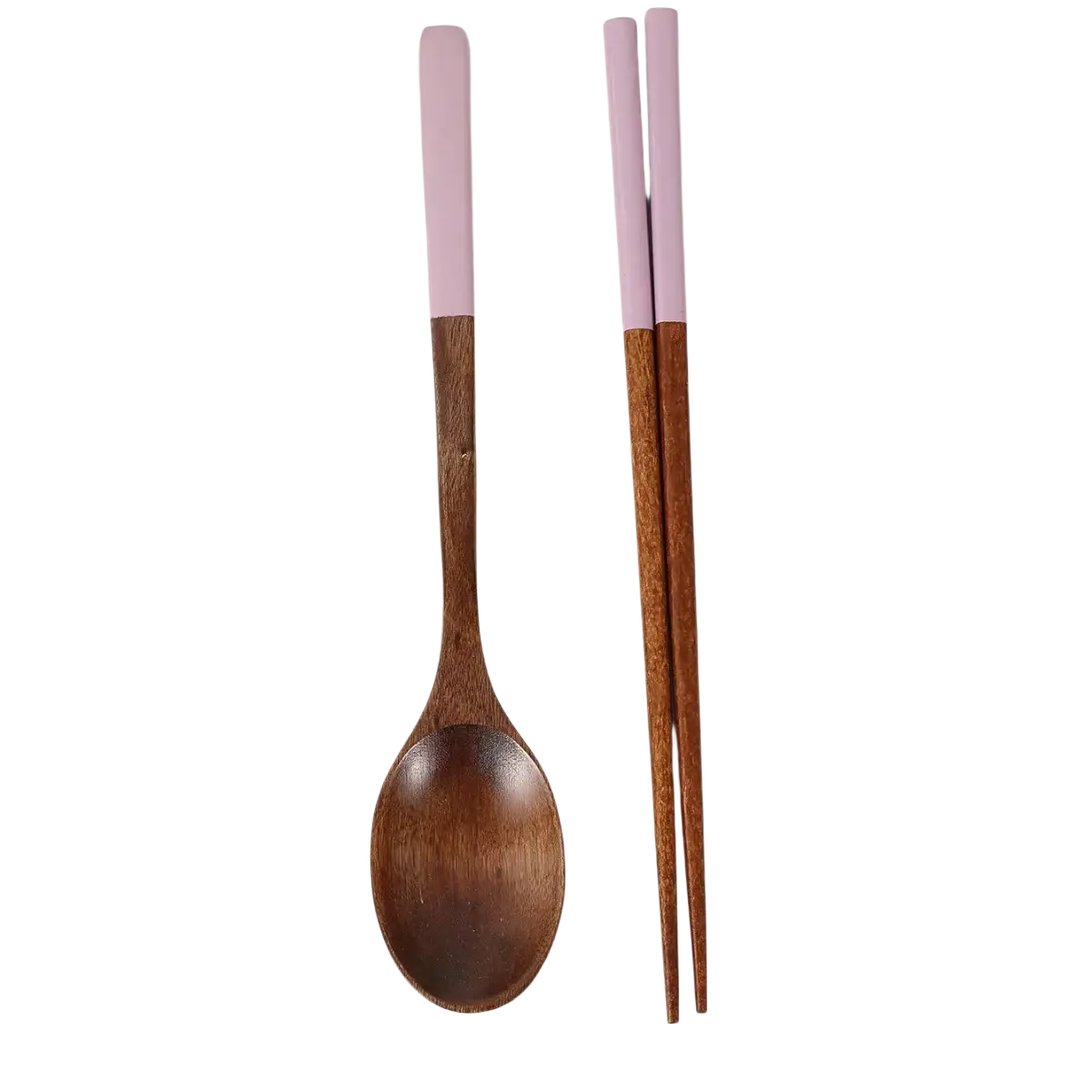 A wooden chopsticks and spoon set with lavender silicone handles designed for comfortable dining use