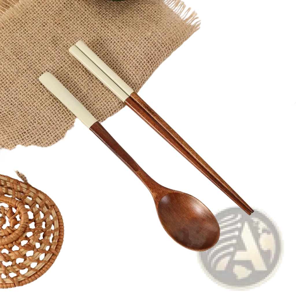 Wooden chopsticks and spoon set with cream silicone handles and natural wood grain for dining use