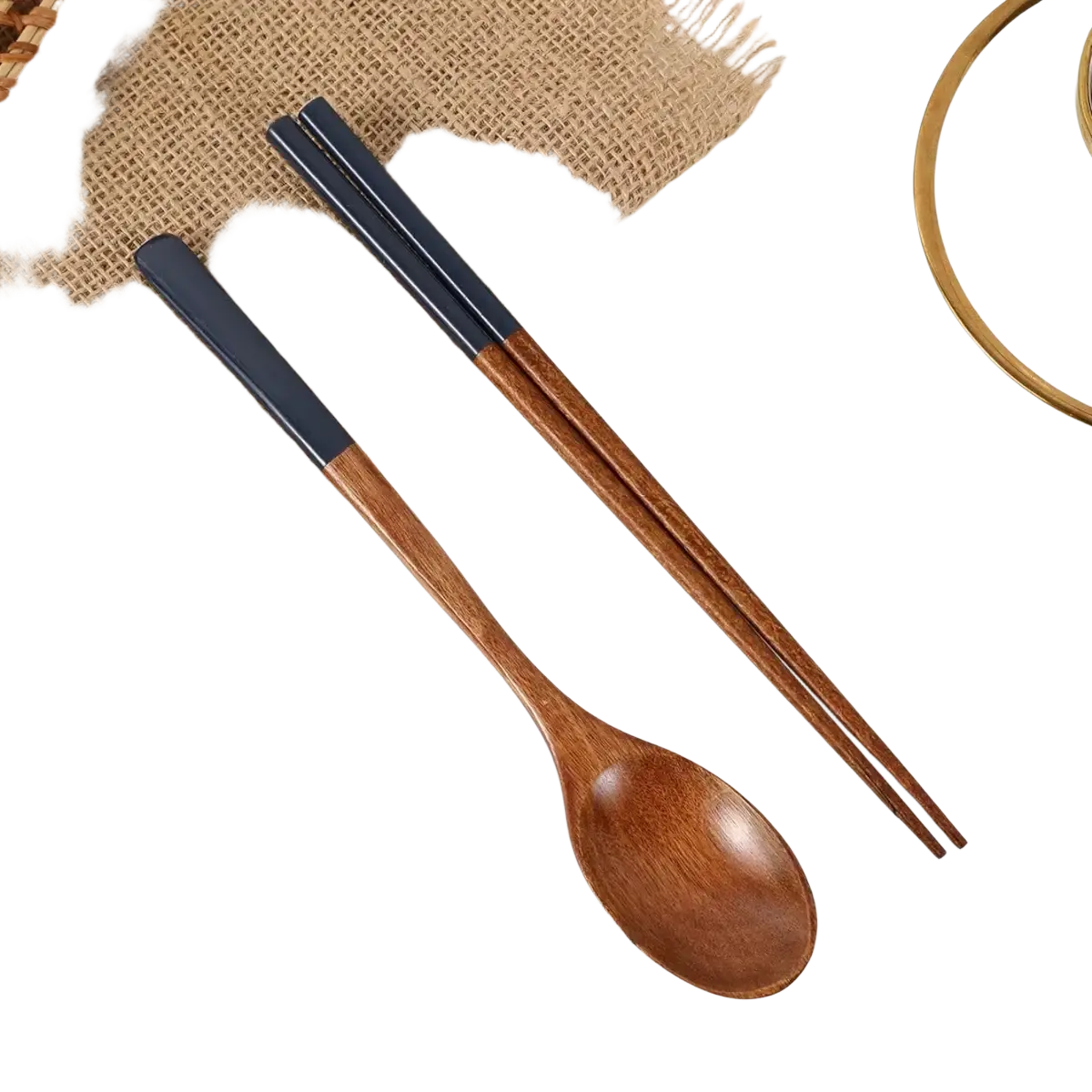 Wooden chopsticks and spoon set with silicone handles featuring dark blue and natural wood polished surfaces