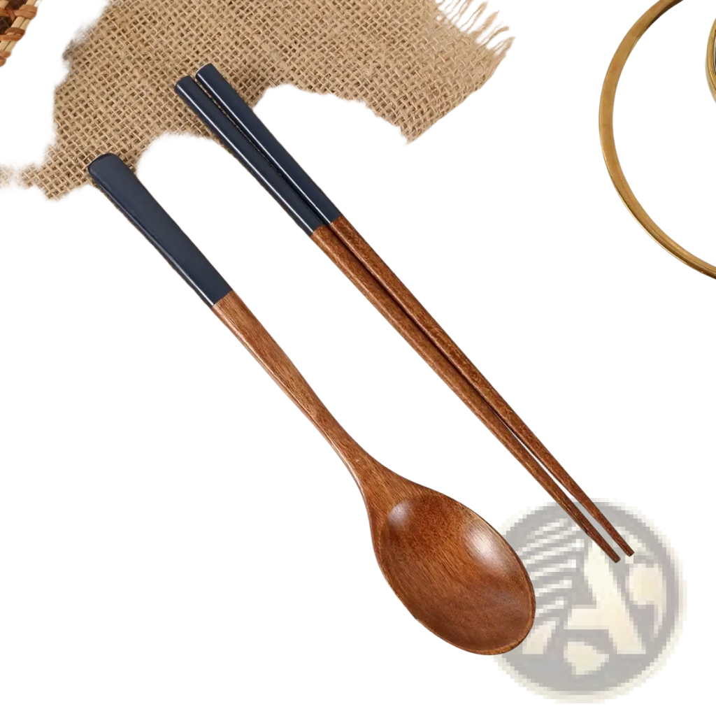 Wooden chopsticks and spoon set with silicone handles featuring dark blue and natural wood polished surfaces
