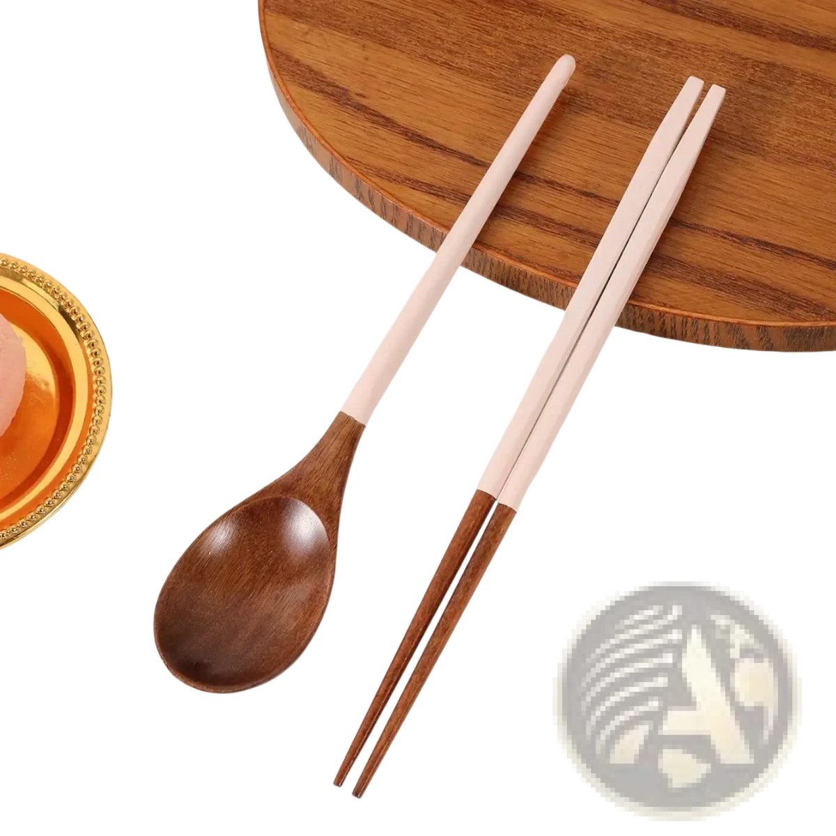 Wooden chopsticks and spoon set with smooth light pink silicone handles and rich dark brown wooden bowls
