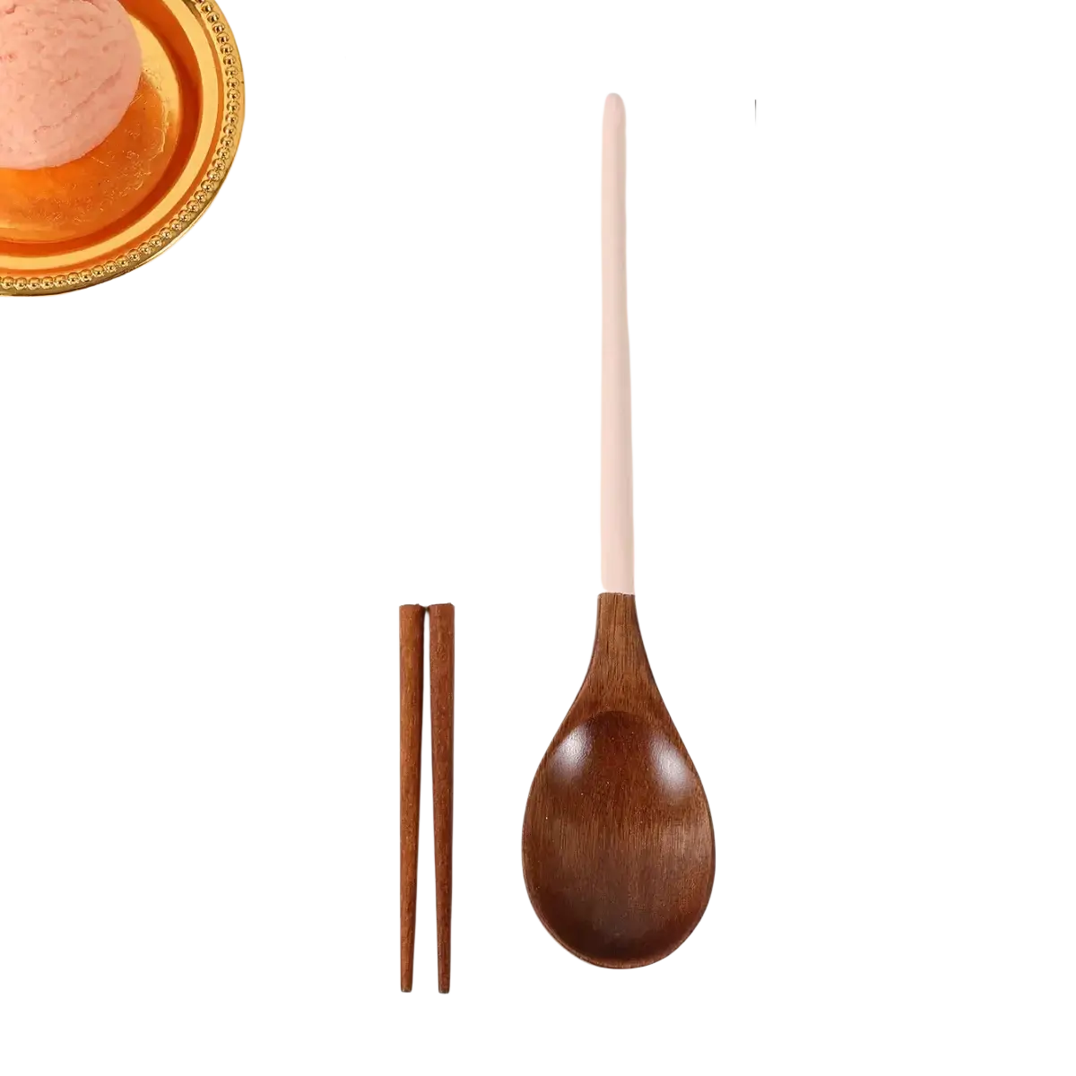 Wooden chopsticks and spoon set with silicone handles featuring pink and brown wood with smooth natural grain finish