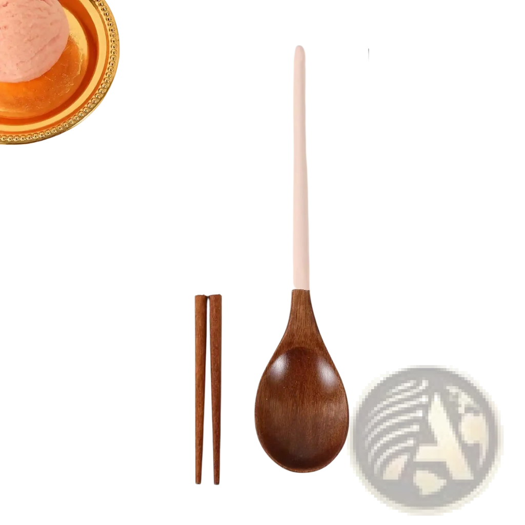 Wooden chopsticks and spoon set with silicone handles featuring pink and brown wood with smooth natural grain finish