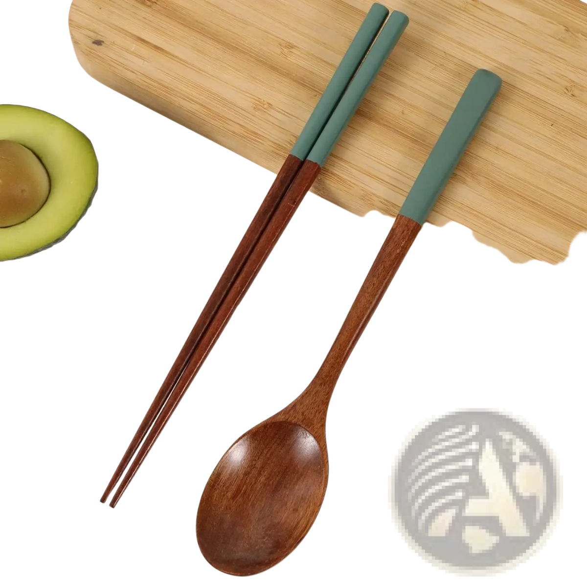 Wooden chopsticks and spoon set with teal silicone handles for comfortable and stylish dining