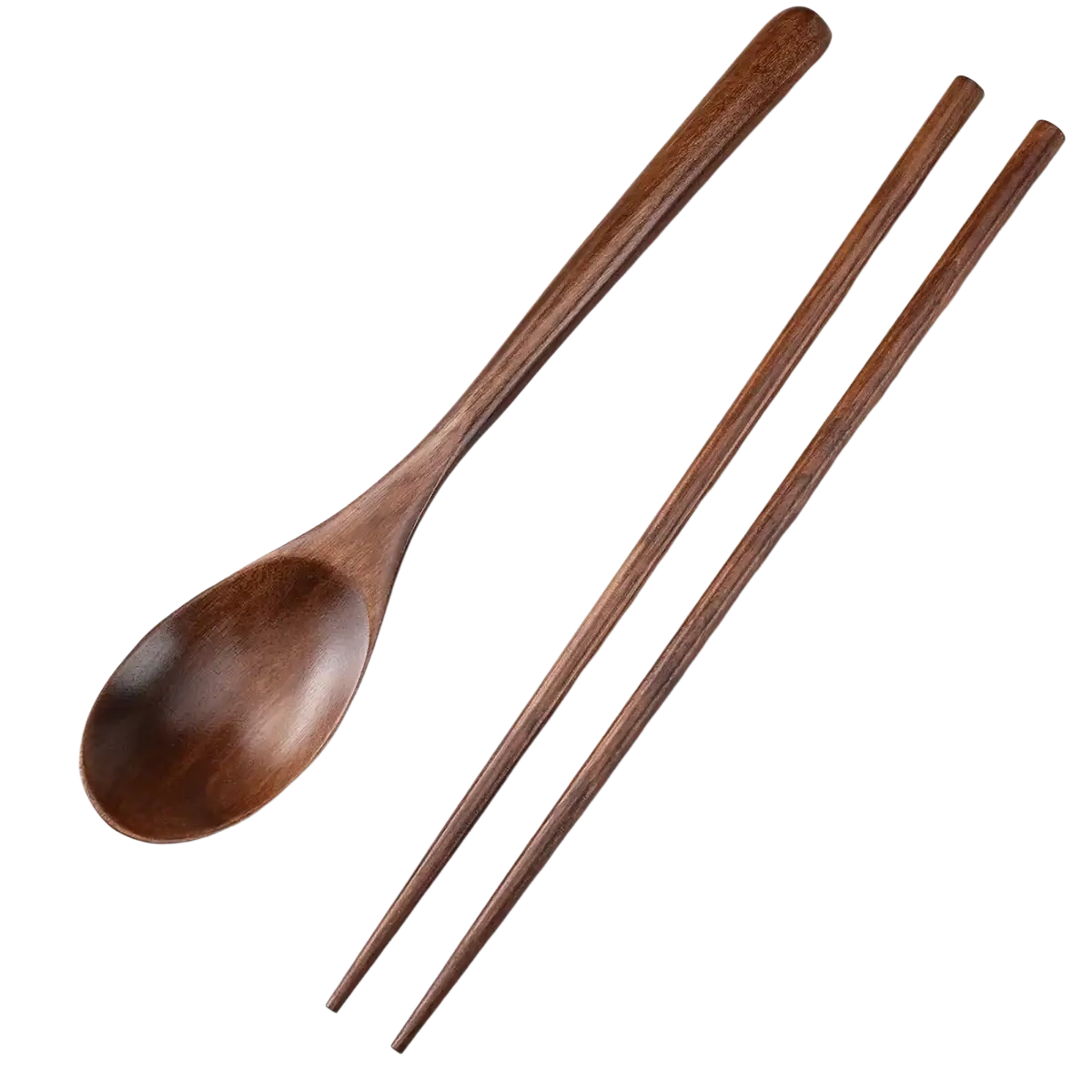 Set of wooden chopsticks and spoon with silicone handles featuring polished dark brown natural wood grain finish