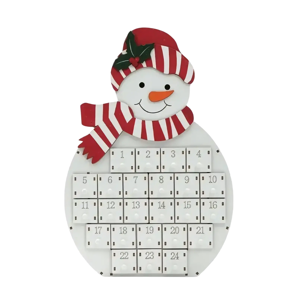 Wooden christmas advent calendar white snowman shape with red striped hat scarf and led numbered drawers