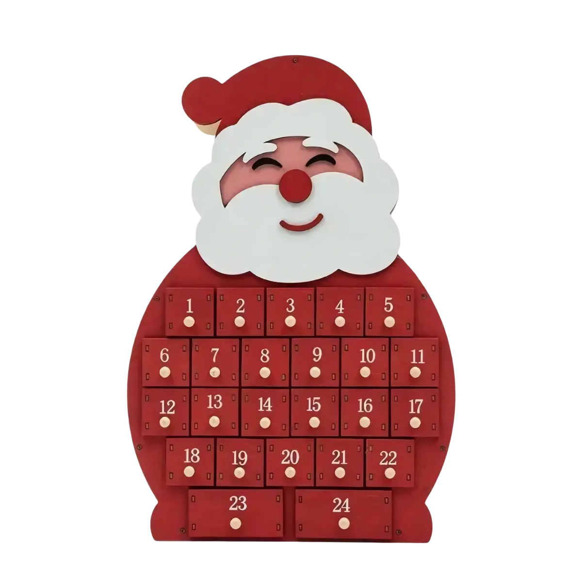 Red wooden santa claus-shaped christmas advent calendar with numbered led drawers for holiday countdown