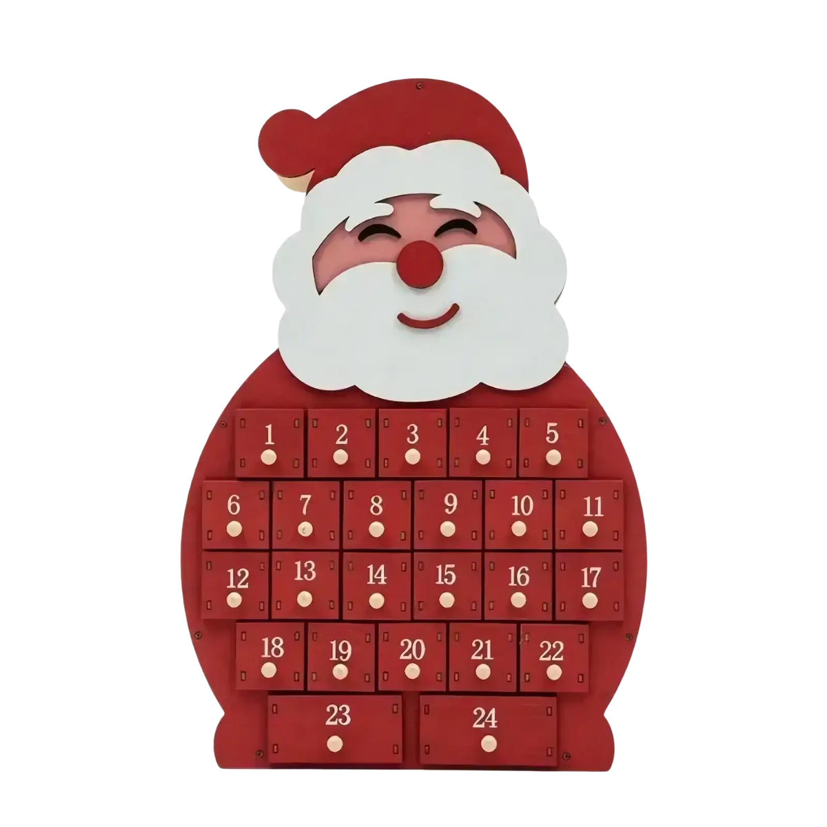 Red wooden santa claus shaped christmas advent calendar with numbered led drawers for festive decoration