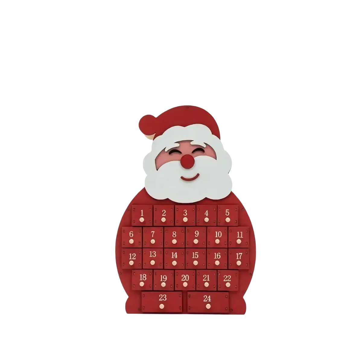 Wooden Christmas advent calendar shaped like red and white santa claus with led numbered drawers for holiday use
