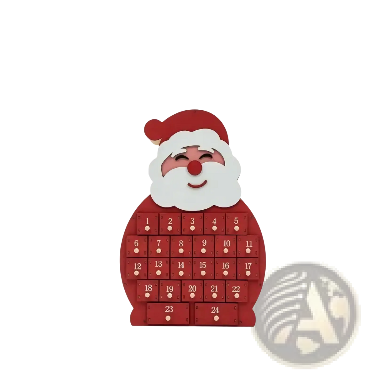 Wooden Christmas advent calendar shaped like red and white santa claus with led numbered drawers for holiday use